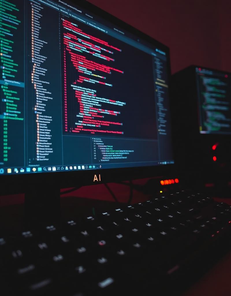 A high-end keyboard and monitor showing code and a Claude AI interface