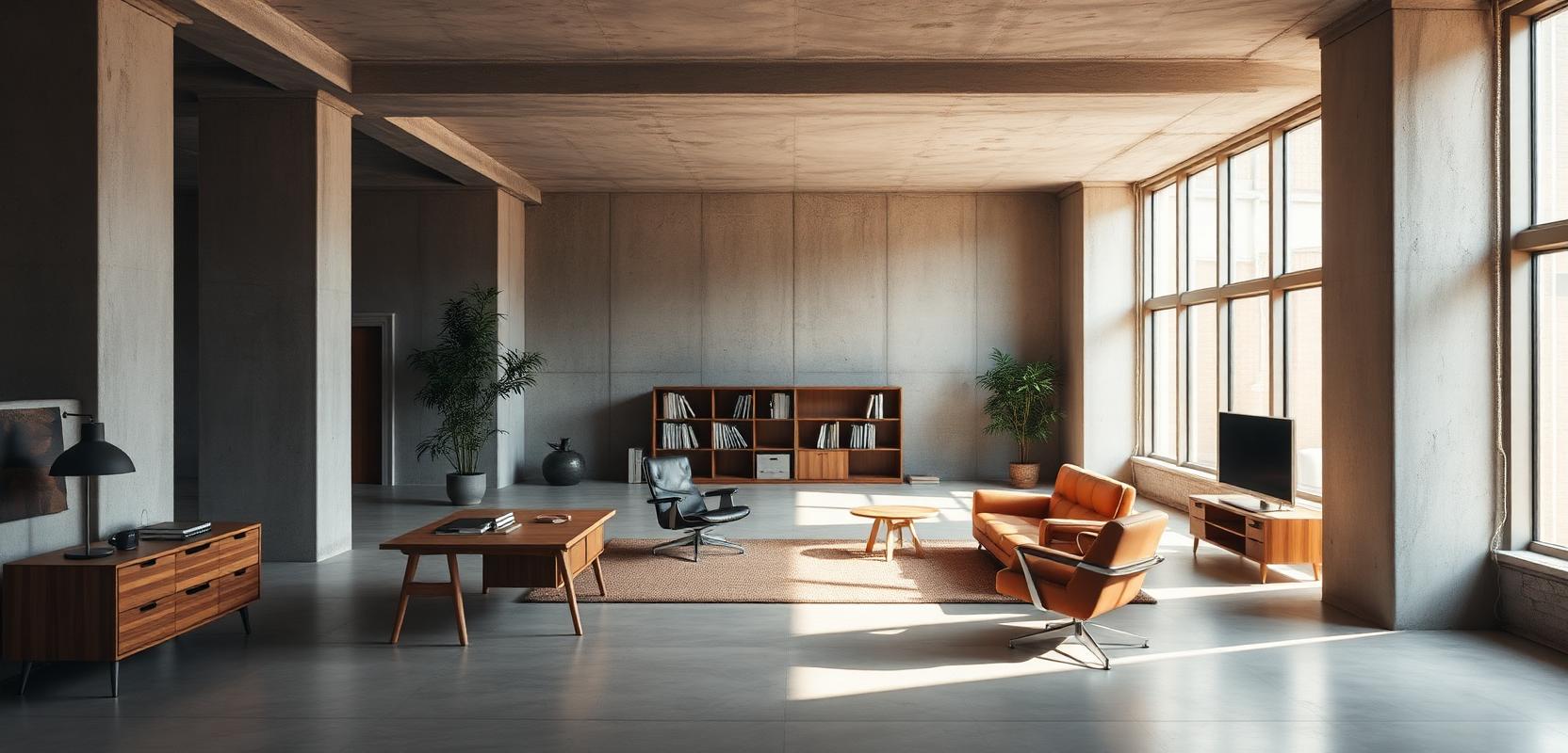 A concrete office space with mid-century furniture, representing our consultancy environment